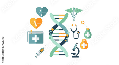 DNA, Medical Science, and Healthcare Icons. Genetic Research, Health, and Medicine Flat Design Illustration