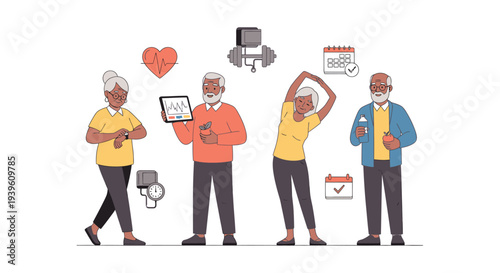 Active Seniors & Healthy Aging: Elderly People Embracing Wellness, Digital Health, Exercise, and Nutrition Illustration