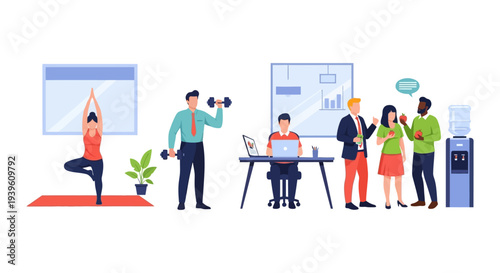 Workplace Wellness & Productivity: Healthy Employees Engaging in Yoga, Fitness, and Office Collaboration