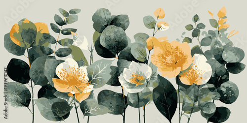 Watercolor illustrations of eucalyptus leaves and flowers, isolated on transparent background, soft colors