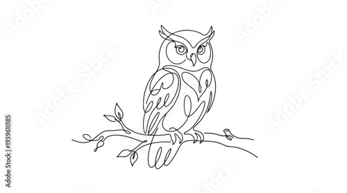 Elegant Continuous One Line Drawing of a Wise Owl Perched on a Branch – A Minimalist Vector Illustration Ideal for Scalable Design Projects and Modern Graphics
