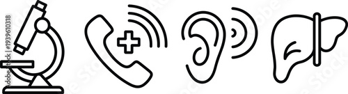 Healthcare and medical line icons set with microscope, emergency phone call, ear hearing and liver organ vector symbols for hospital