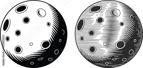 Hand drawn moon engraving set cratered lunar surface vintage astronomy celestial planet line art retro space illustration vector collection