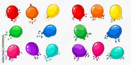 Set of colorful water balloons with splashes, perfect for summer games and party fun.