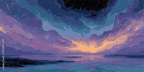 Surreal abstract cosmic scene with glowing nebulae and starry sky over water, isolated on transparent background.