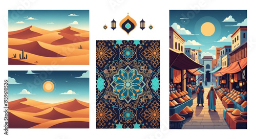Colorful Middle Eastern Market Street Scene Illustration.