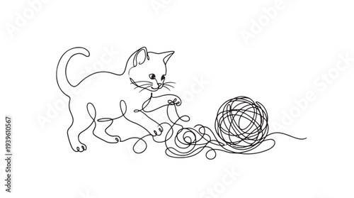 Charming continuous line art illustration depicting a playful domestic kitten joyfully engaged with a tangled ball of yarn, a minimalist design capturing pet delight