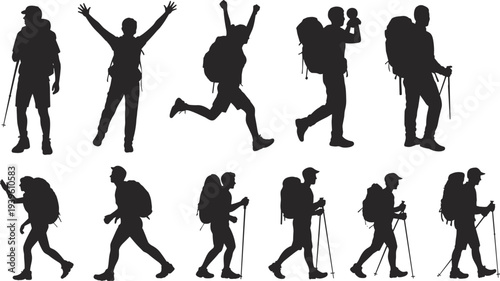 Hiking silhouettes, outdoor adventure, trekking poles, backpacks, walking, running, standing, celebrating, taking photographs, vector illustration, recreation design, nature exploration resource