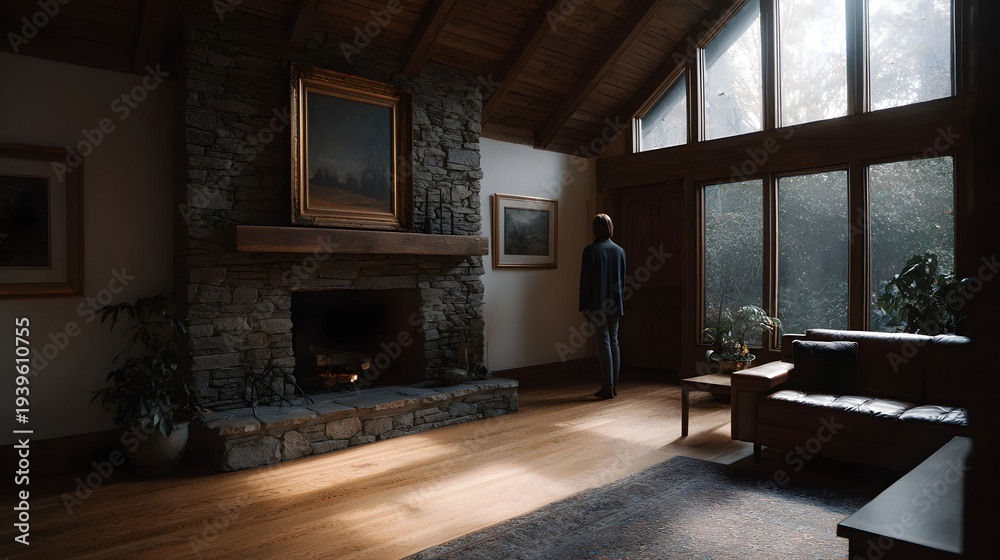 Fototapeta premium A lone figure stands in a cozy rustic living room with a stone fireplace and large
