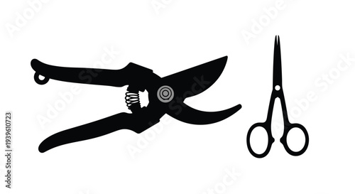 Silhouette of garden pruning shears and classic scissors against a plain white background for horticultural design projects.