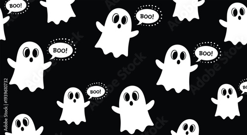 Playful seamless pattern featuring cute white ghosts and speech bubbles saying boo on a dark black background for Halloween.