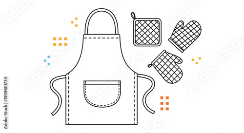 Selection of kitchen textiles including a white apron with a pocket, a quilted oven mitt, and two pot holders with grid patterns.