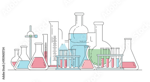 Detailed illustration showing a collection of laboratory glassware filled with colorful chemical solutions for science education.