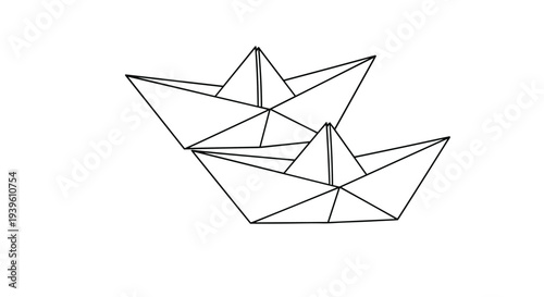 Minimalist line art depicting two paper boats crafted in the traditional origami style floating on a clean white surface.