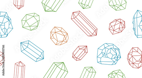 Vibrant seamless pattern composed of various geometric crystal shapes drawn with thin colorful lines on a white background.