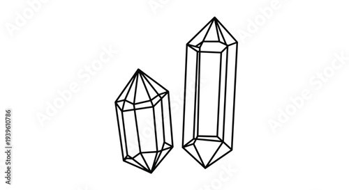 Pair of geometric crystal structures shown as black and white line drawings representing natural minerals or magic gems.