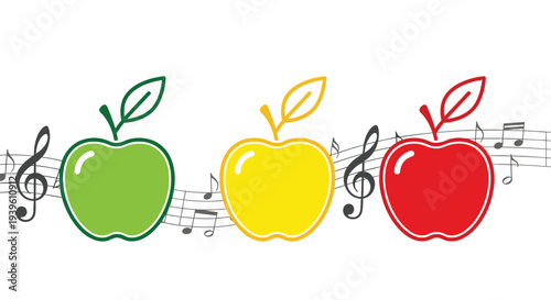 Creative concept showing three apples in green yellow and red colors placed on a musical staff with treble clefs.