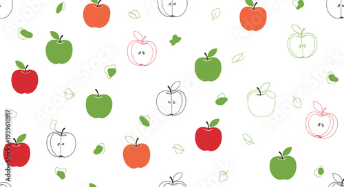 Vibrant pattern of whole and sliced apples in red and green colors mixed with delicate line drawings of fruit shapes.