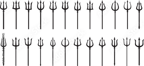 Simple trident designs silhouette collection, various styles, Poseidon trident  on white background.