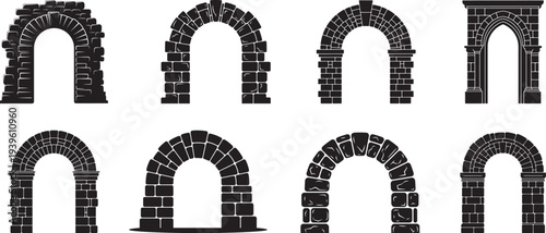 Arched stone entry designs silhouette collection, various styles, on white background.