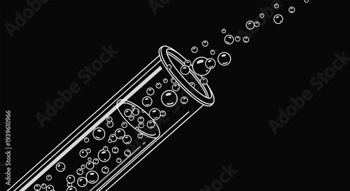 Close-up illustration of a glass test tube tilted and releasing many bubbles into a dark black space for chemistry.