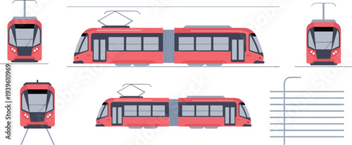 Modern city tram train public transport vehicle set front side view and railway track urban light rail vector illustration