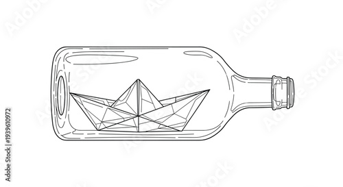 Intricate line drawing of a folded origami paper boat placed inside a transparent glass bottle for a ship in a bottle theme.