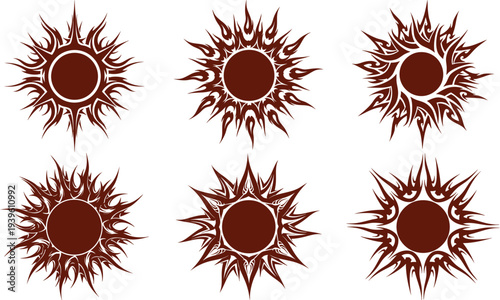 Black sun silhouettes designs collection, various styles, sharp and angular with a dynamic, sun shapes  on white background.