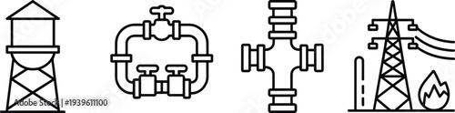 PrintOil and gas industry line icons set with water tower, pipeline valve system, pipe junction and energy drilling rig