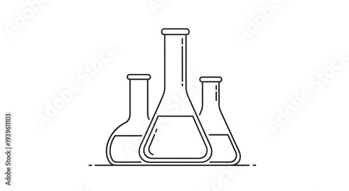 Simple line art illustration of three laboratory flasks of varying heights containing liquid chemicals ready for a scientific experiment.