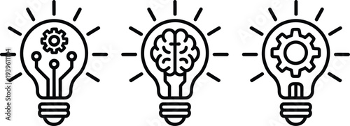 Idea and innovation concept icons with lightbulbs containing gear, brain, and circuit symbols, .