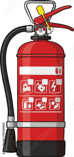 A red fire extinguisher with various safety icons indicating its use for different types of fires on a white background