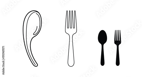 Assorted collection of kitchen utensils including a large spoon, a fork, and smaller cutlery pieces shown in both outline and silhouette forms.