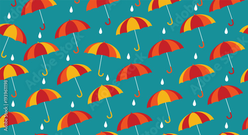 Colorful seamless pattern of red and orange umbrellas and white raindrops distributed evenly across a vibrant teal blue background for design.