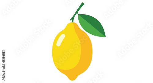 Bright and simple flat illustration of a whole yellow lemon with a single green leaf attached to its short stem on a white background.