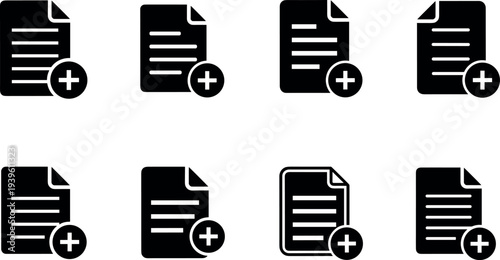 Add document file icon set with plus symbol, new file creation and upload concept collection for office, data management, and digital document design