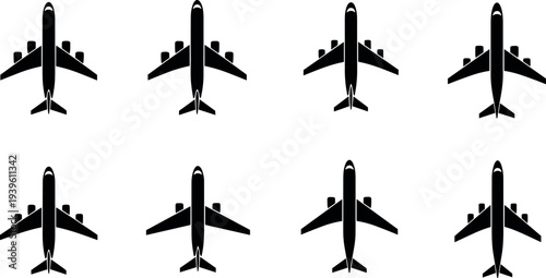 Airplane top view silhouette icon set, commercial passenger aircraft vector collection for aviation, travel, airport transportation, flight journey and airline design elements