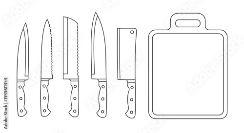 Collection of various kitchen knives with different blade shapes alongside a rectangular cutting board shown in a simple line art drawing style.
