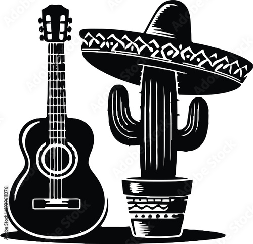 Colorful Mexican fiesta illustration with cactus, sombrero, and acoustic guitar