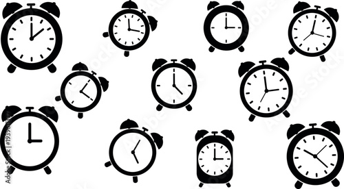 Alarm clock silhouette icon set with classic ringing clocks, time reminder and wake up symbols collection for schedule, deadline, morning routine, and time management design