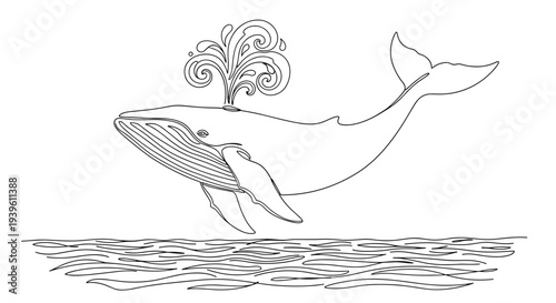 Single continuous line drawing of a whale breaching from the ocean waves while spouting water from its blowhole in a decorative spiral pattern.