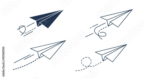 Four paper airplanes flying with dashed and solid line flight trails representing movement and speed in a minimalist style.