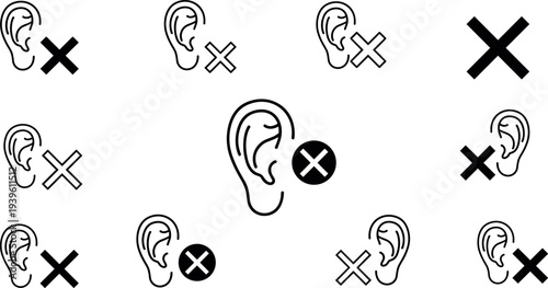 Ear with cross icon set representing no listening or mute concept, hearing restriction symbols collection for silence, privacy, sound control, and accessibility design
