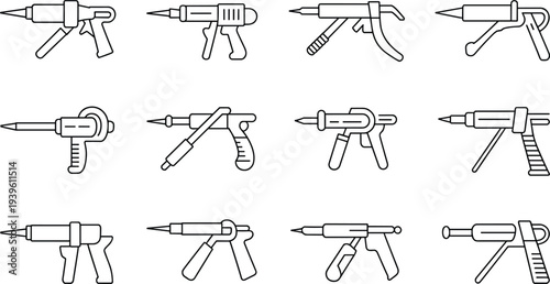 Silicone caulking gun tool outline vector collection with different construction sealant applicators, repair equipment icons isolated for building maintenance design