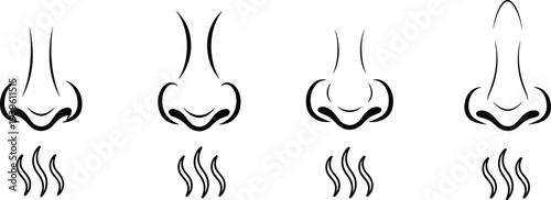Vector Collection of Human Nose Icons Showing Different Shapes with Scent Lines Representing Smelling Sense Aroma Fragrance and Breathing in Minimalist Black Line Art Style