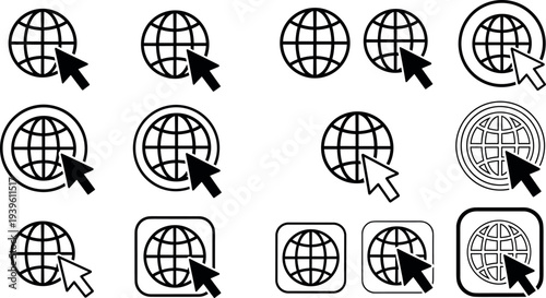 Global internet globe and cursor icon set, web navigation symbols collection for online browsing, website access, digital network, and worldwide connection design