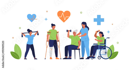 Rehabilitation & Physical Therapy: Diverse Patients Engaging in Active Recovery with Medical Support