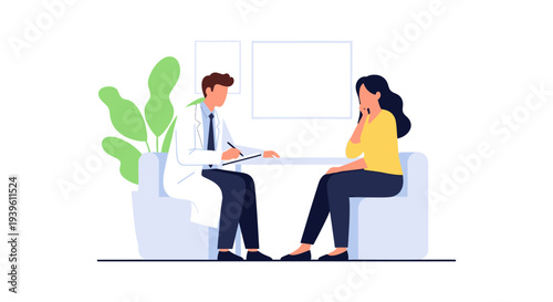 Doctor-Patient Consultation Illustration: Medical Check-up, Therapy Session, or Counseling - Healthcare Professional Meeting Client