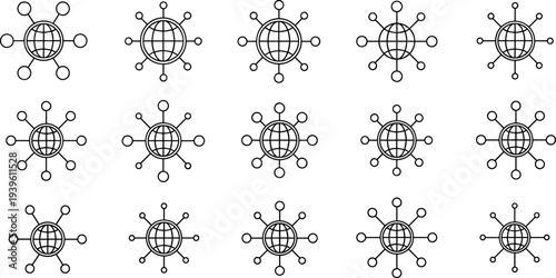 Global network connection icon set with globe and linked nodes, internet communication symbols collection for digital technology, data sharing, and worldwide connectivity design