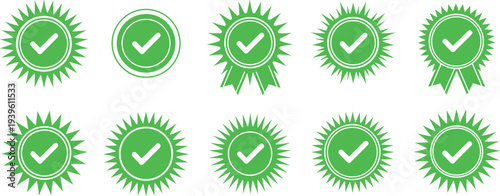Green check mark badge and seal icon set, approval verification stamps collection for quality guarantee, certified product labels, validation, success, and confirmation symbols